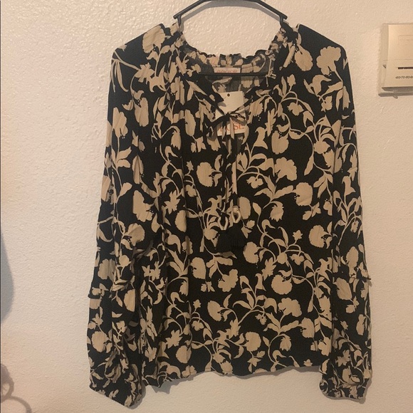 NWT Knox Rose beige and black ruffle blouse XS - Picture 1 of 8
